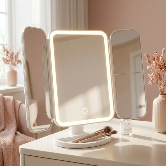 Esme Vanity Mirror lit on a vanity table (props not included)