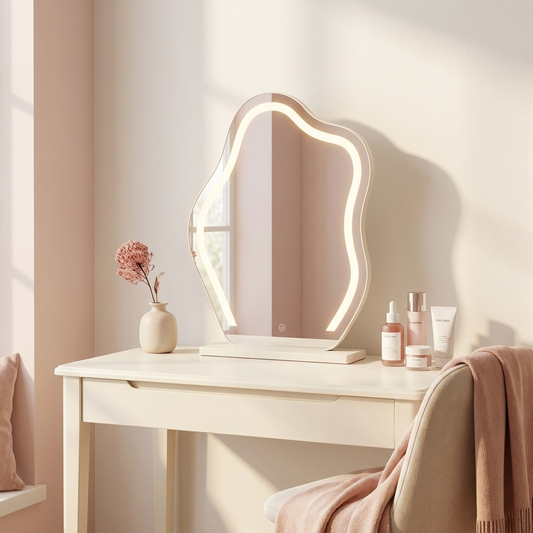 Freya Cloud Mirror lit on a vanity desk (props not included)
