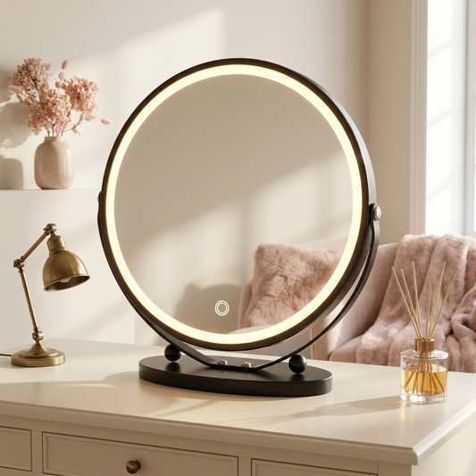 Greta Round Mirror lit on a vanity desk (props not included)