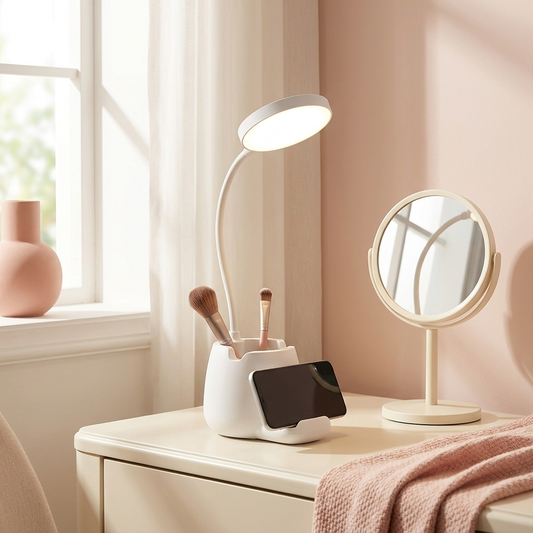 Lumi Desk Lamp lit on a vanity desk (props not included)