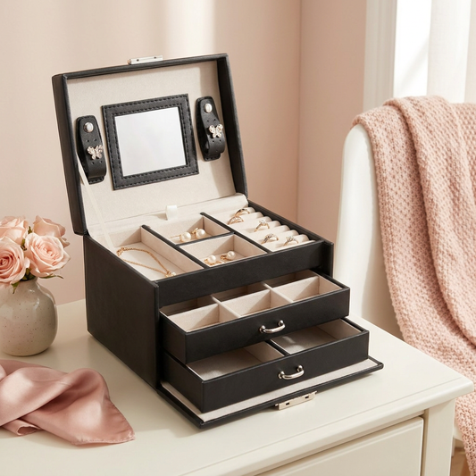 Margot Jewelry Box open on a dresser (jewelry not included)