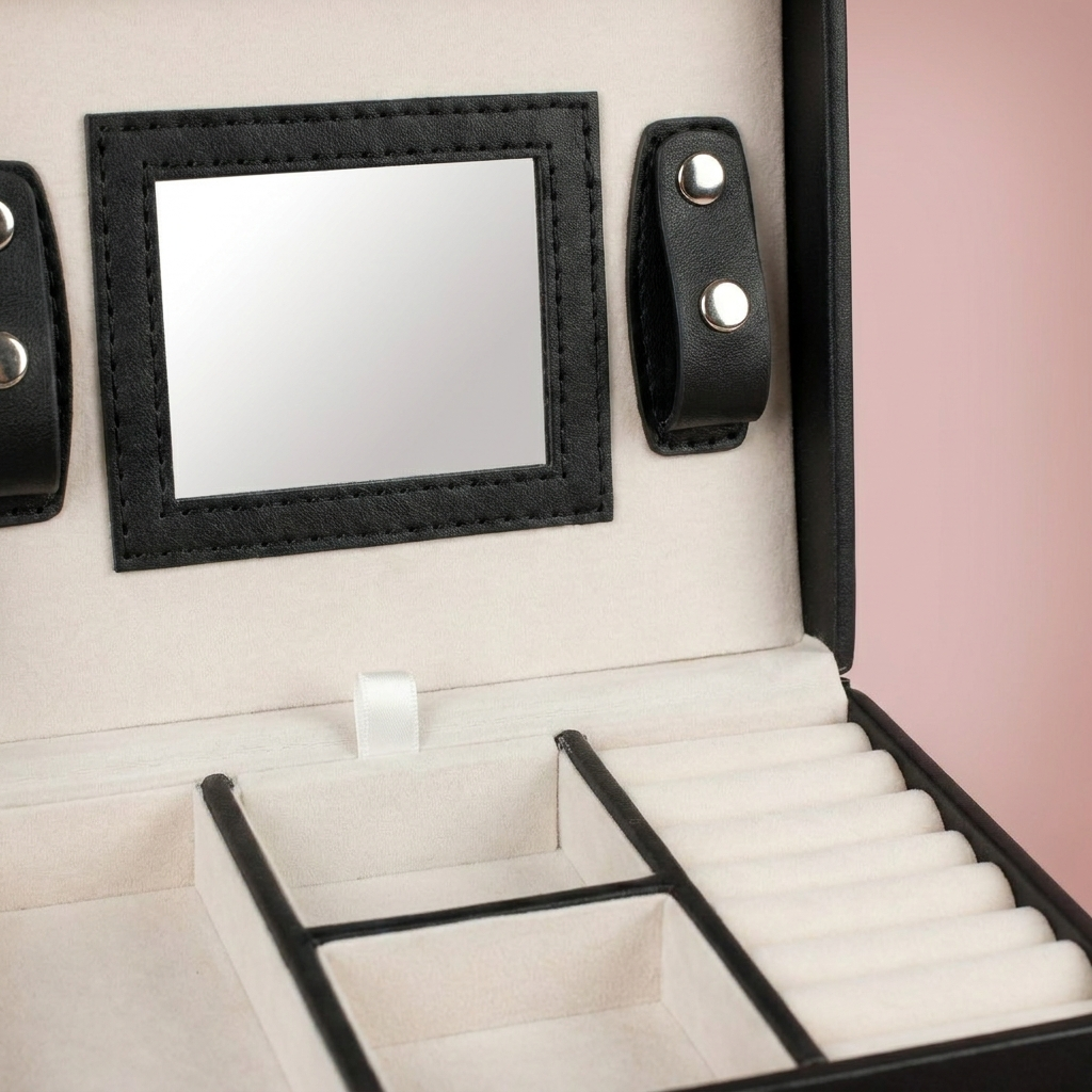 Margot Jewelry Box, velvet tray and lid mirror detail