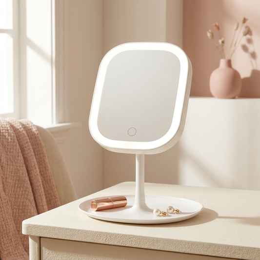 Mila Compact Mirror lit on a desk (props not included)