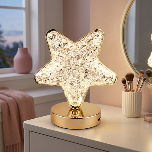 Stella Crystal Lamp lit on a vanity at dusk