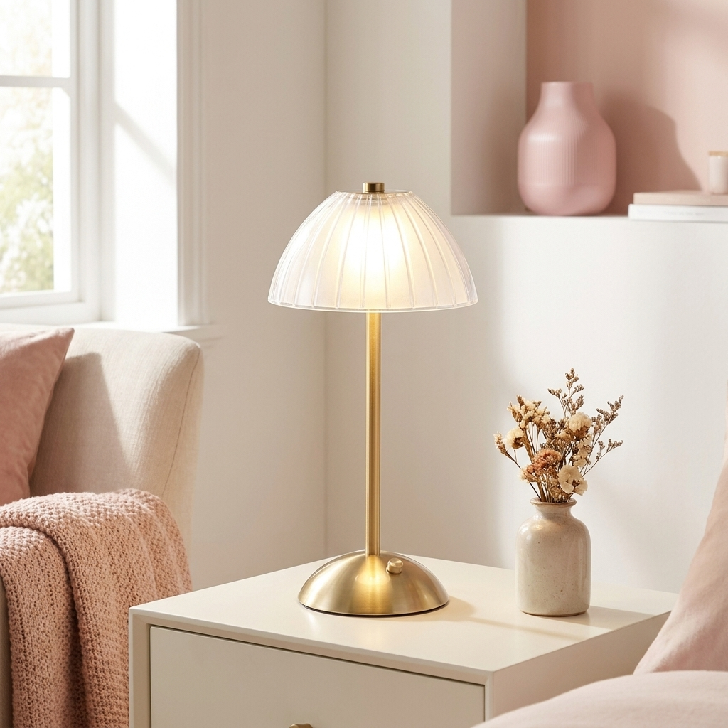 Adele Crystal Lamp lit on a bedside table