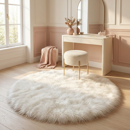 Cloud Round Rug under a vanity stool (stool not included)