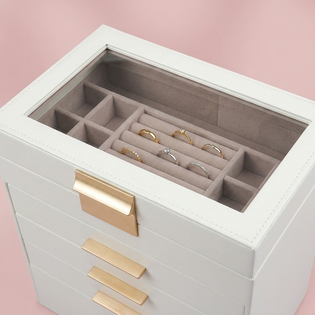 Colette Jewelry Box, velvet ring rolls in the lid tray