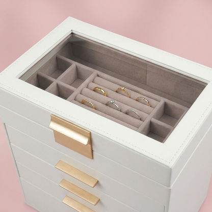 Colette Jewelry Box, velvet ring rolls in the lid tray