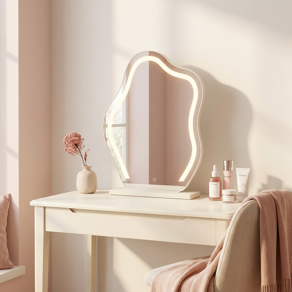 Freya Cloud Mirror lit on a vanity desk (props not included)