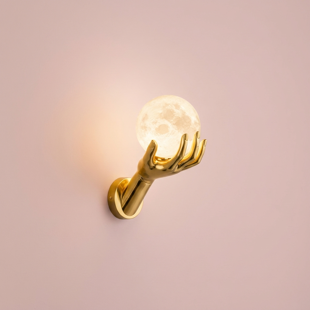 Halo Wall Sconce, gold hand and moon globe, lit