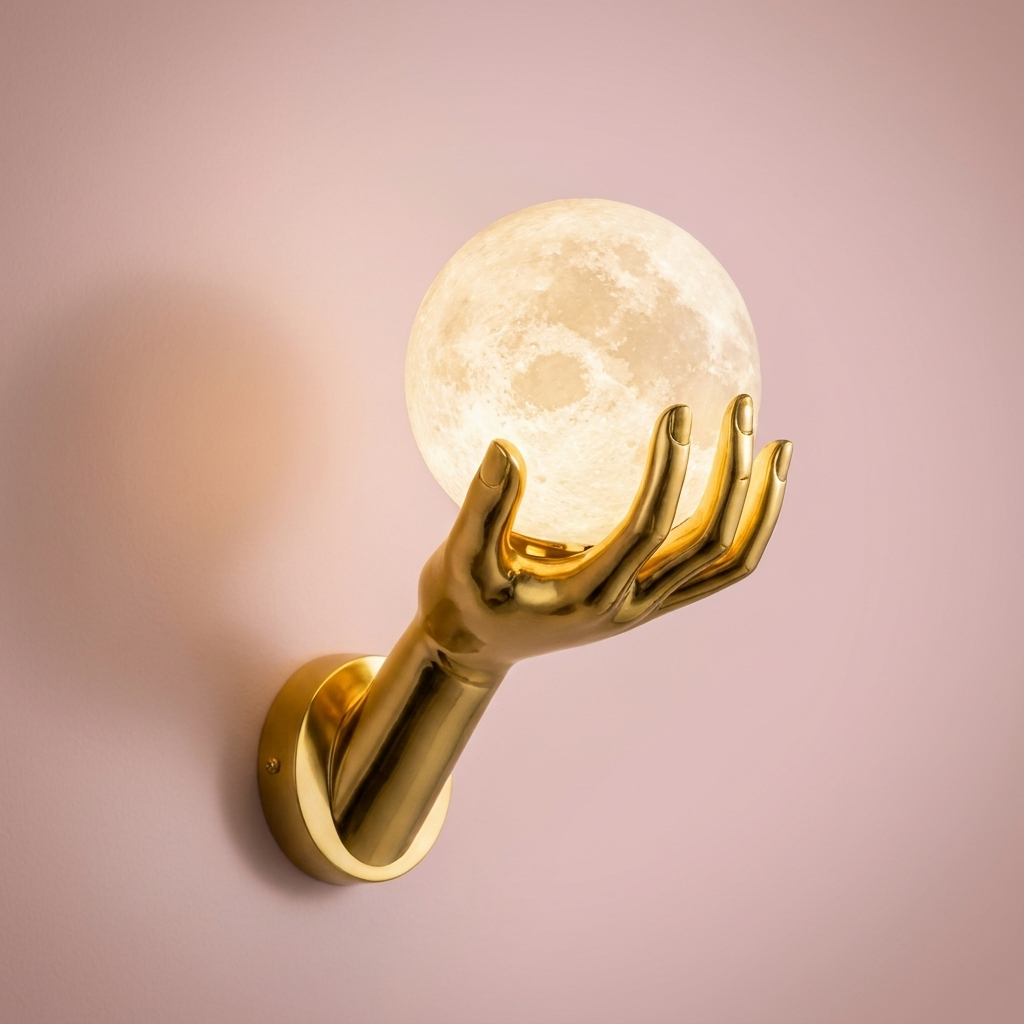 Halo Wall Sconce, the gold fingers cupping the moon globe