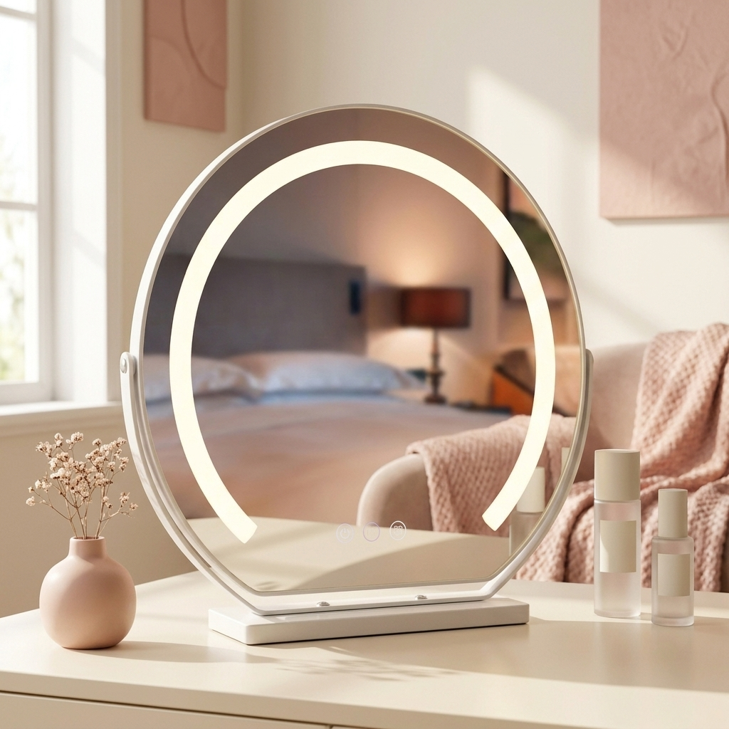 Juliette Halo Mirror lit on a vanity desk (props not included)