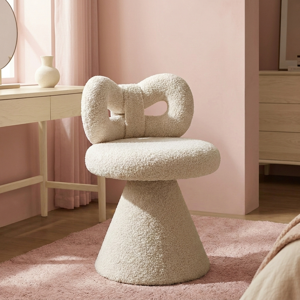 Petra Bow Vanity Stool at a vanity desk (props not included)