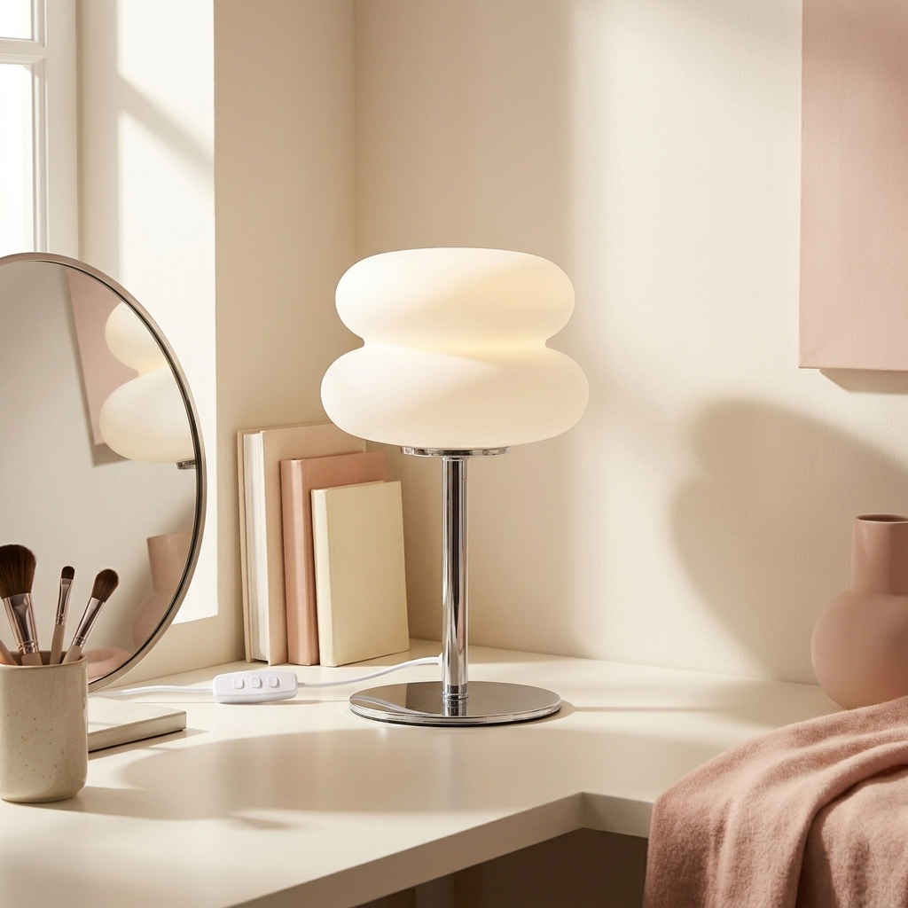 Pippa Vanity Lamp lit on a vanity table