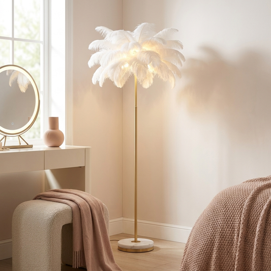 Pluma Floor Lamp beside a vanity table (props not included)
