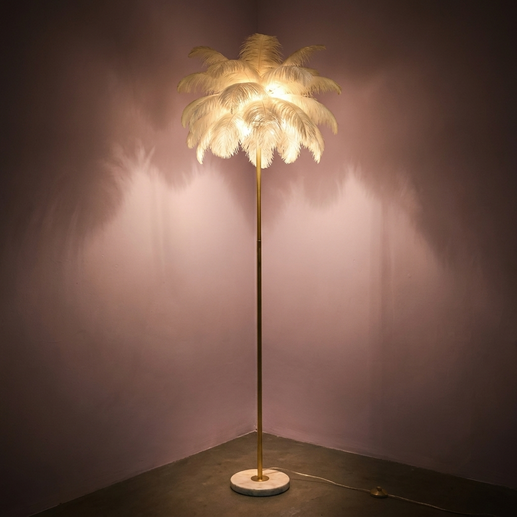 Pluma Floor Lamp glowing at night
