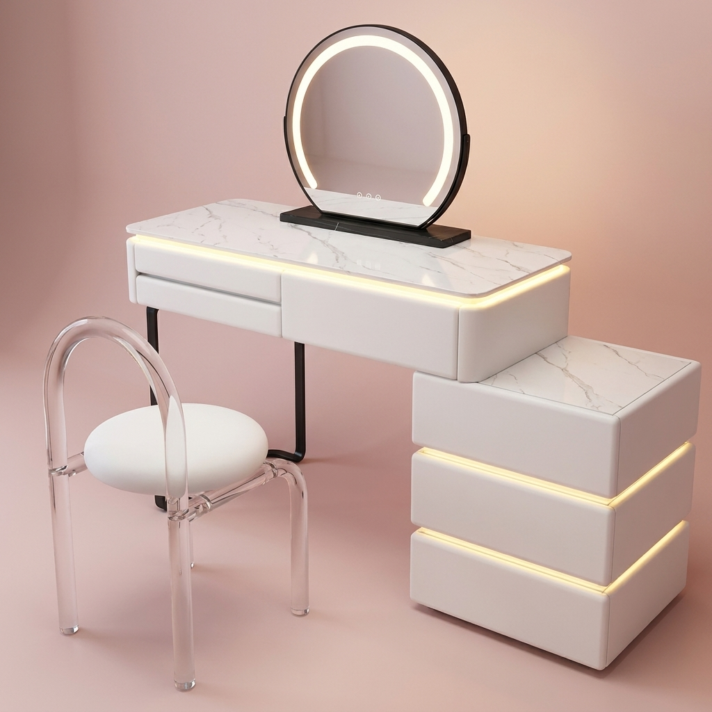 Rosalie Vanity Desk styled with a chair (chair not included)