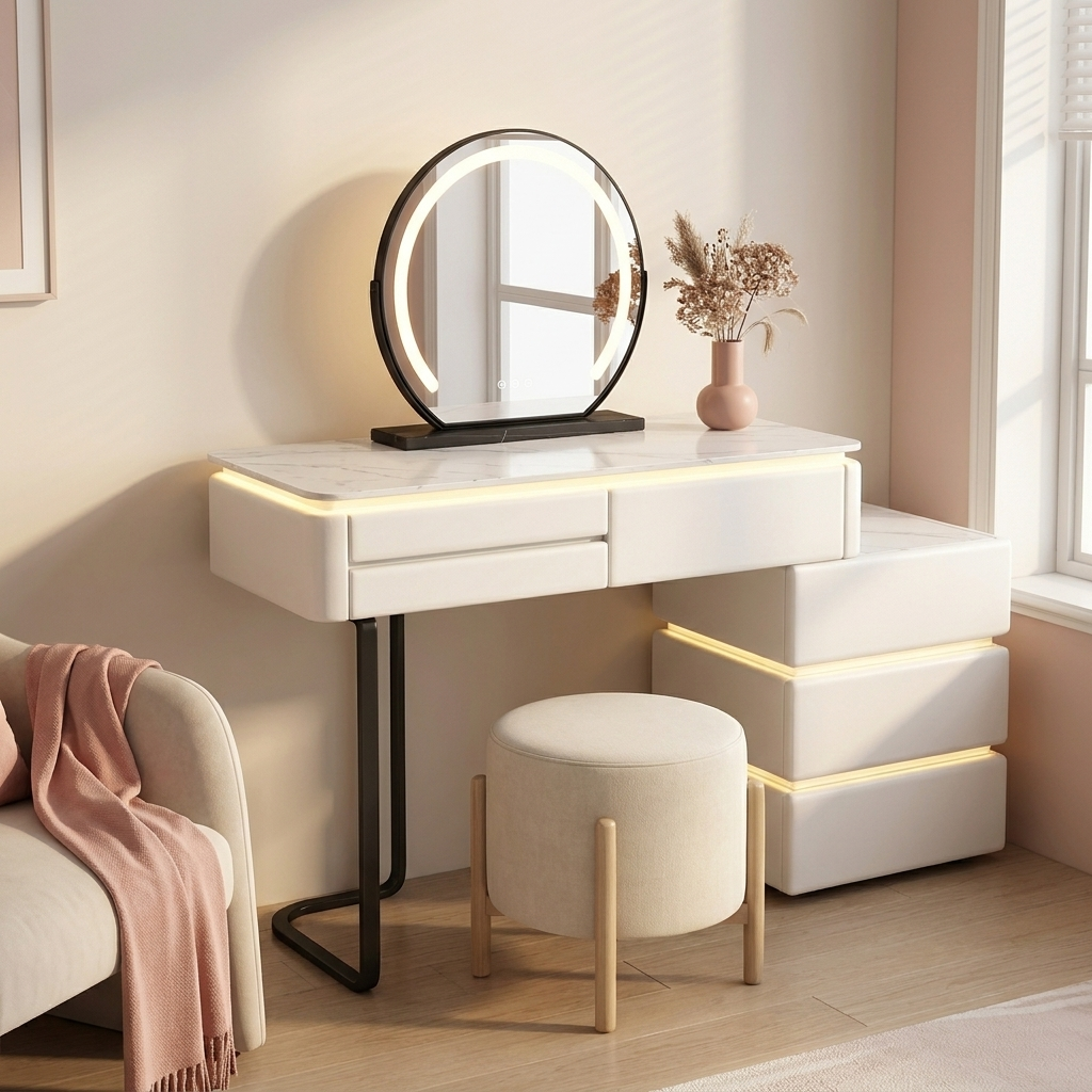 Rosalie Vanity Desk in a bedroom (stool not included)