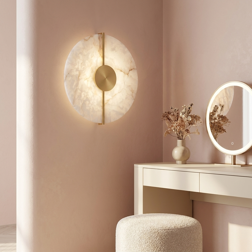 Selene Alabaster Sconce beside a vanity table (props not included)