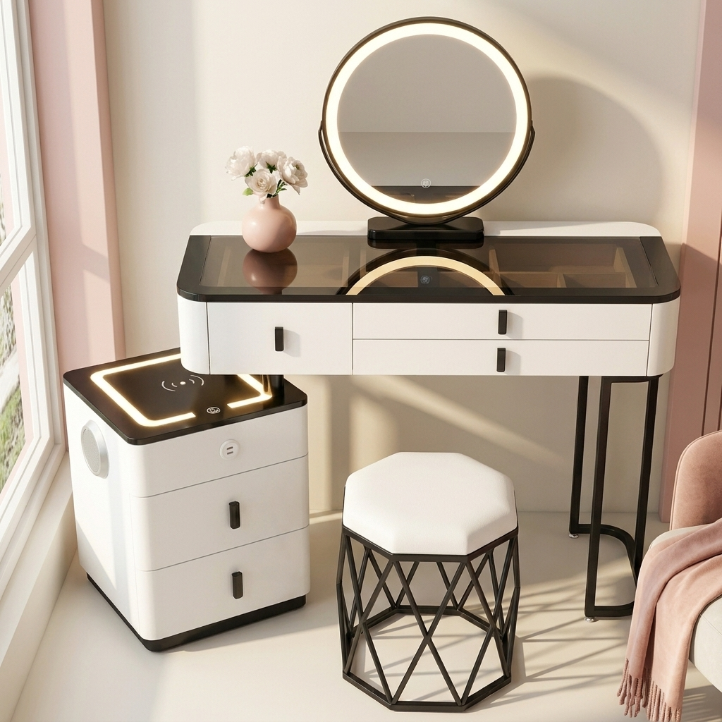 Sylvie Vanity Desk in a bedroom (stool not included)