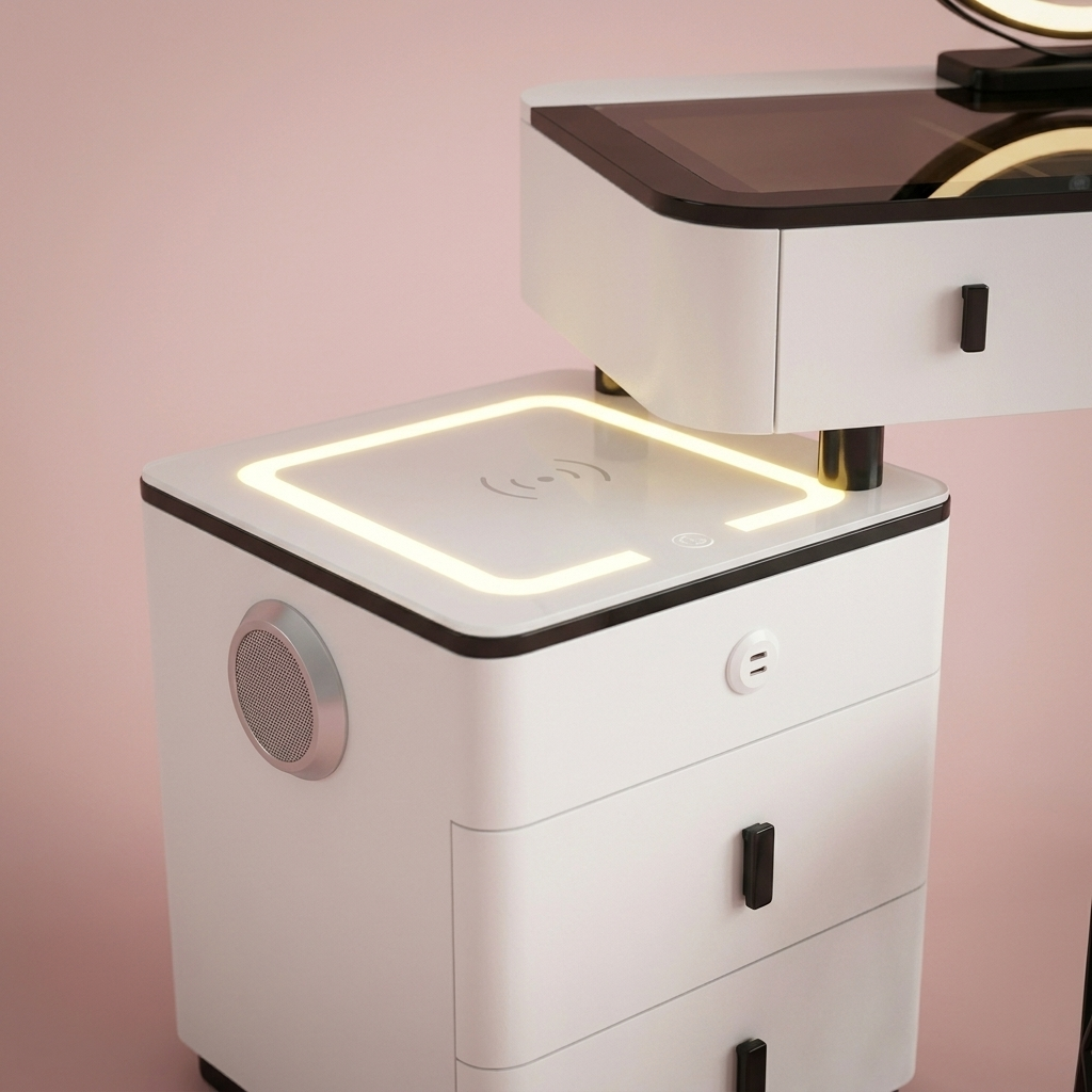Sylvie Vanity Desk, wireless charging cabinet detail