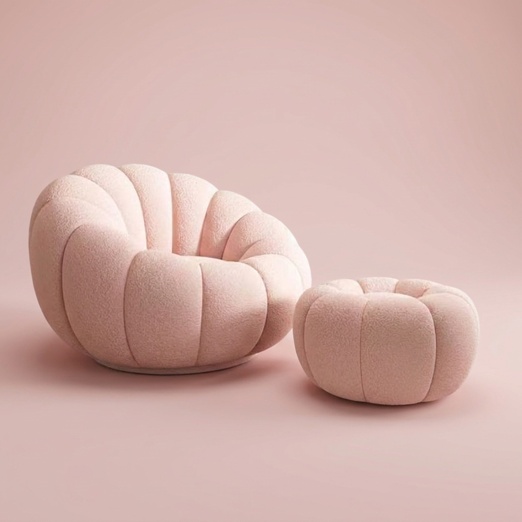 Tilly Accent Chair, chair + footstool, pink lamb fleece