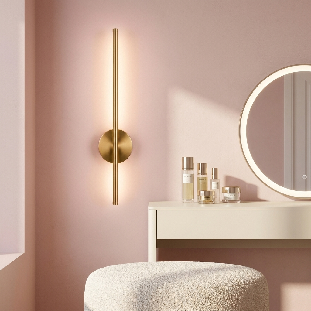 Vela Cordless Wall Sconce beside a vanity mirror (props not included)